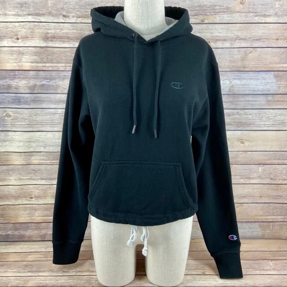 Champion Tops Champion Hooded Black Drawstring Crop Sweatshirt
